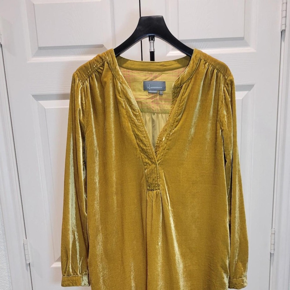 Anthropologie Mustard Gold Velvet Tunic Dress Women M Long Sleeve Boho